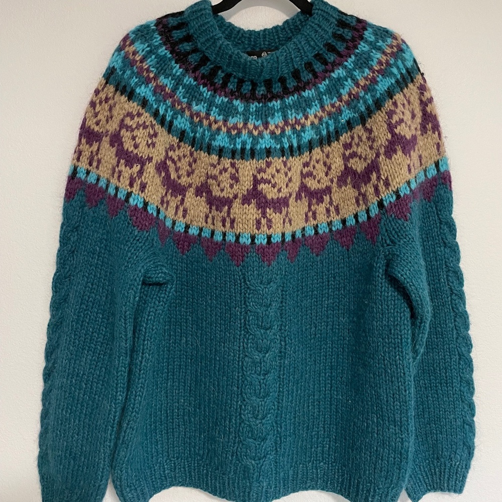 Alva Knit Women’s Icelandic 100% New Wool Fair Isles Sweater Teal